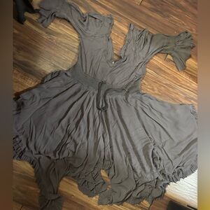 Free people large gray hippy goth witchy Dress gauzy hi low ruffle hem tie waist